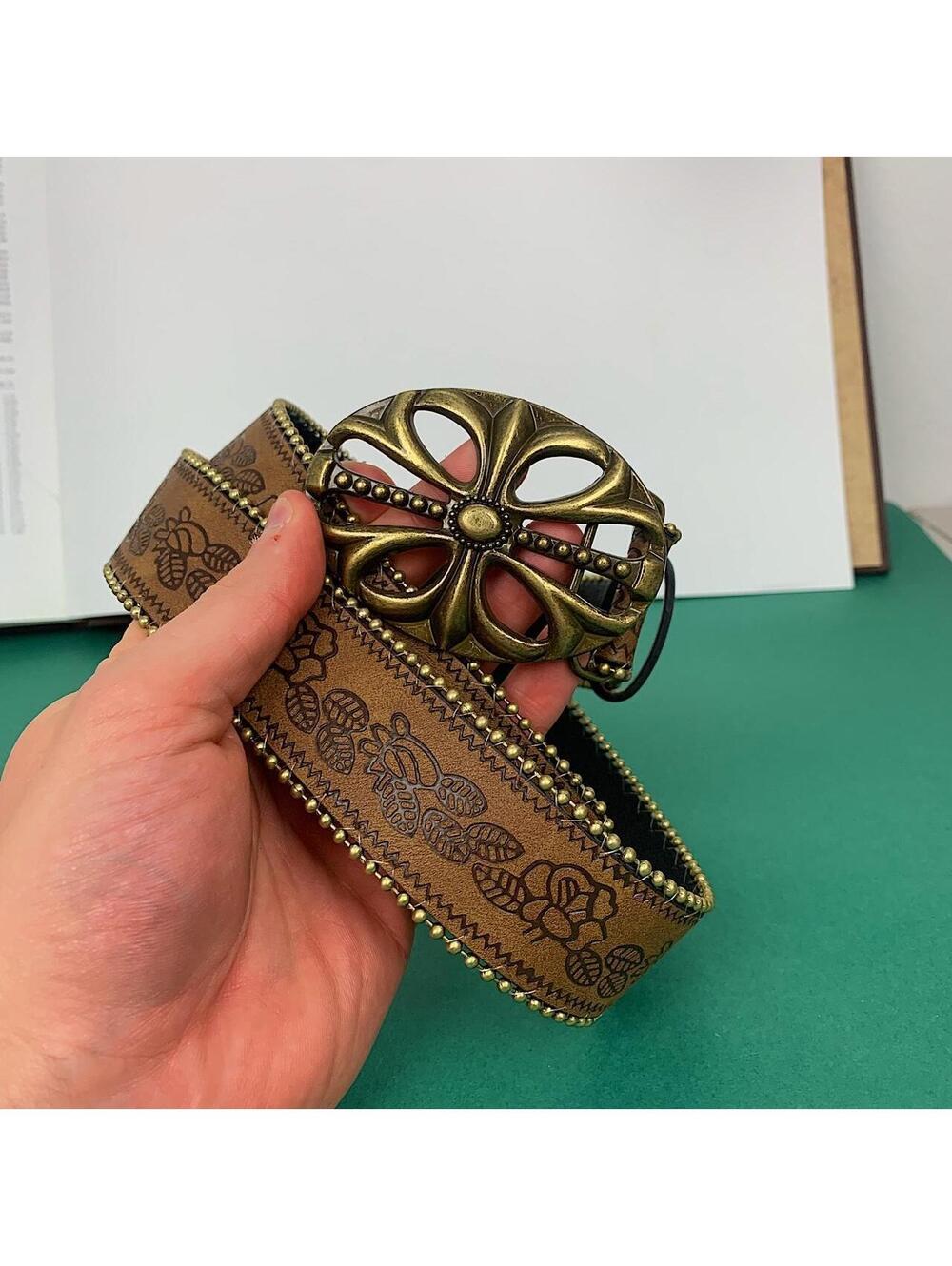 Western floral gold beaded boho brown belt. 38.5 inches length. 1.5 inch width. - Picture 7 of 8